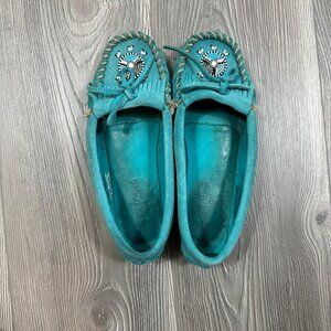 Minnetonka Teal Suede‎ Beaded Moccasins Size 6